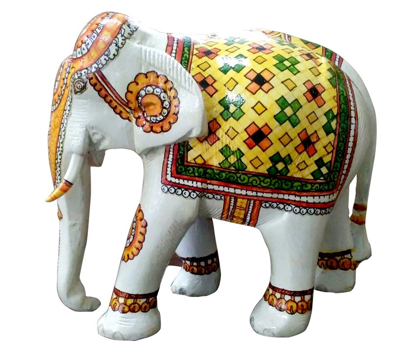 Wood Crafted Mural Style Hand Painted Artifact Airavatam, The Celestial Elephant.