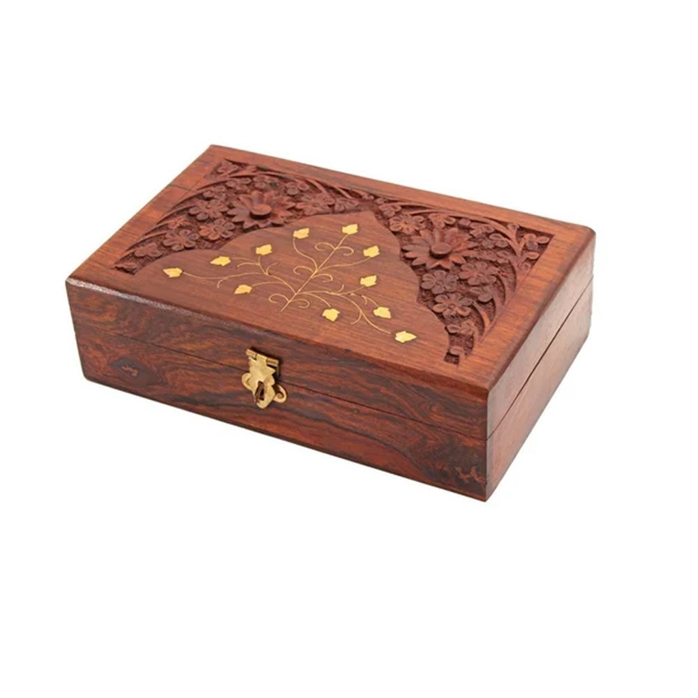 Wooden Carved Trinket Box with Brass Inlay thumbnail 1