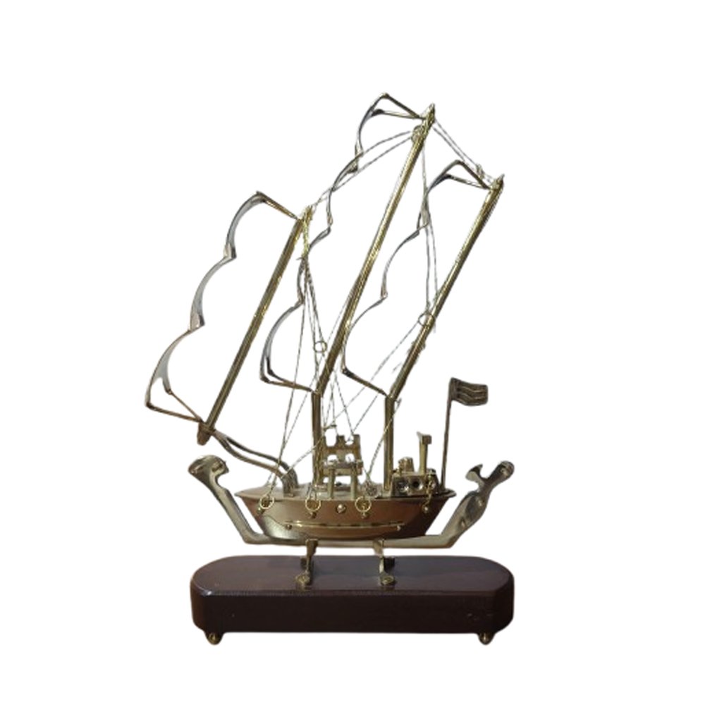 Brass crafted model of sailing ship with wooden base a showpiece for the showcase of livingroom thumbnail 1