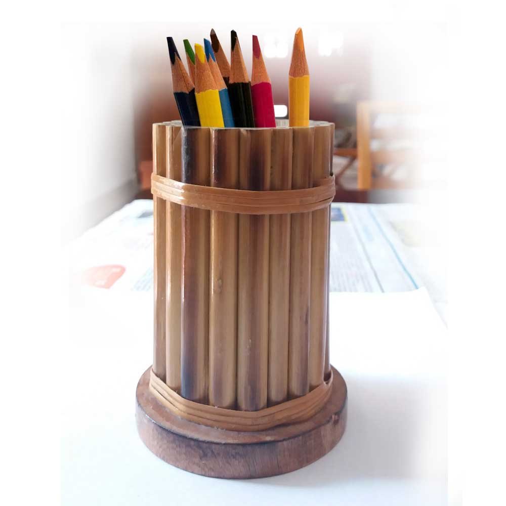 Decorative Handmade Unique Wooden Bamboo and Cane Crafted Reed Pen Pencil Holder Table Desk Organizer for Home Office thumbnail 3