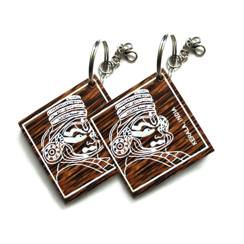 Coconut Wood Crafted Magnet Keychain with with Kathakali Head Print (Set of 2) thumbnail 1