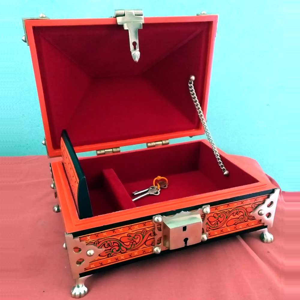 Kauthuk Mahagony Wood Crafted Mural Painted Nettur Petti Traditional Jewellery Box (Orange, 13 x 9 Inches)