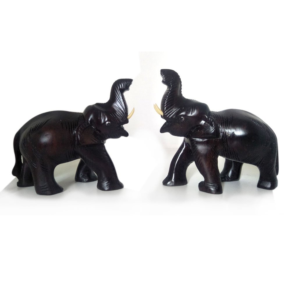 Rosewood crafted figurine of Elephant with trunk up salute posture (Set of 2)