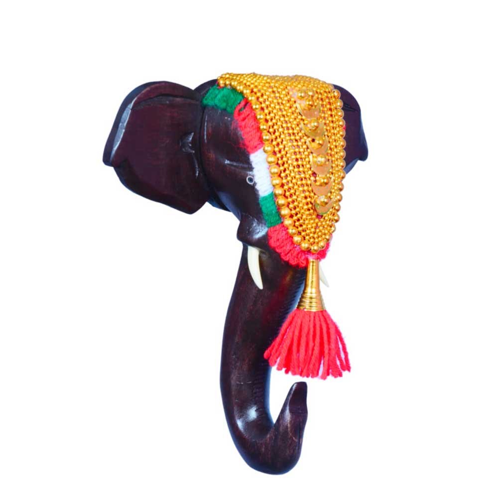 Traditional Wood Made Rosewood Finish Pooram Festival Caparisoned Elephant Head for Home Decor & Gifting thumbnail 1