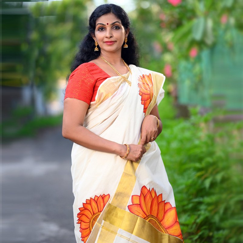 Handpainted Hand loom Designer Kasavu(Zari) Saree Occasional Wear thumbnail 1