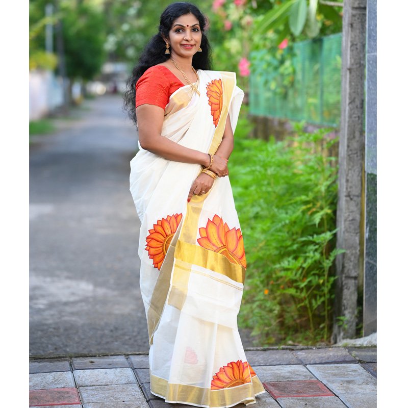 Handpainted Hand loom Designer Kasavu(Zari) Saree Occasional Wear