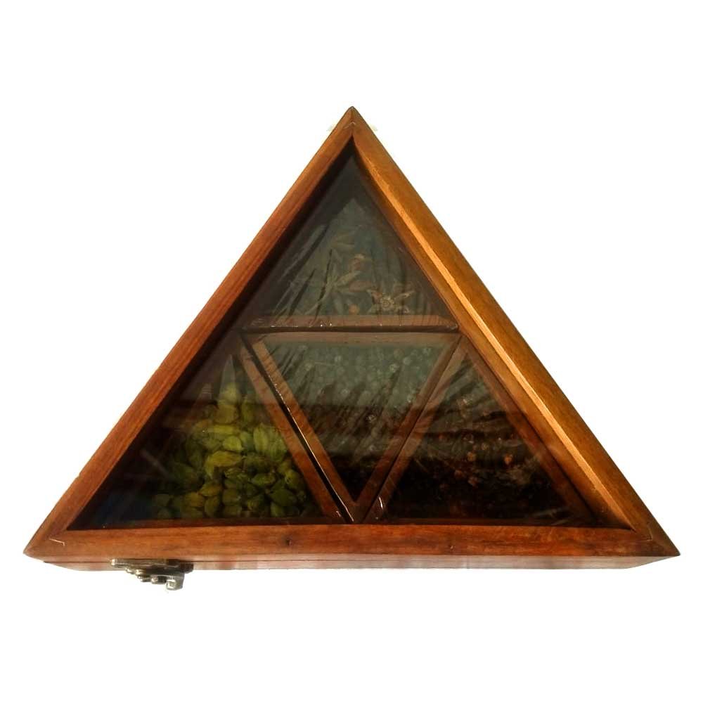 Spice Gift Box Triangular Shaped Crafted in Wood with Transparent Glass Lid with Natural Spices thumbnail 1