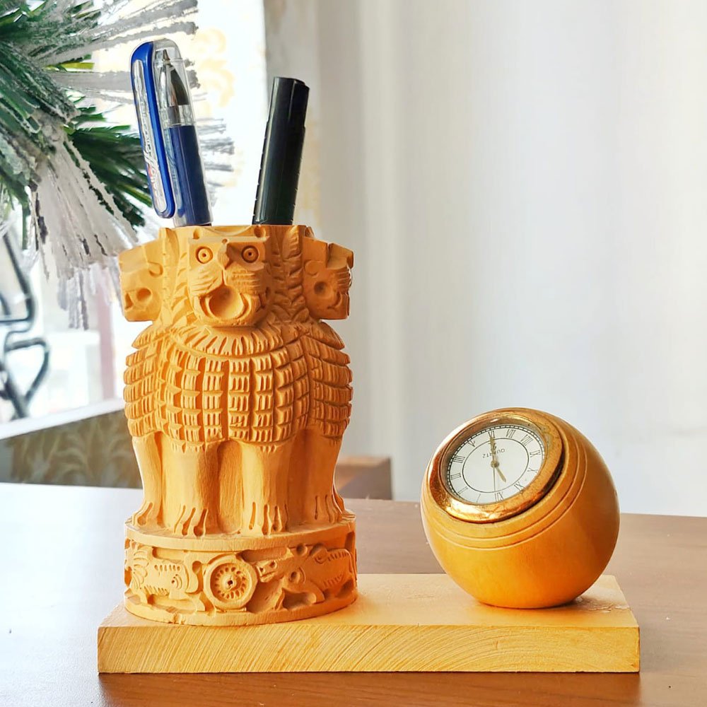Ashoka Pillar Tabletop Pen Holder crafted in white wood with clock thumbnail 1