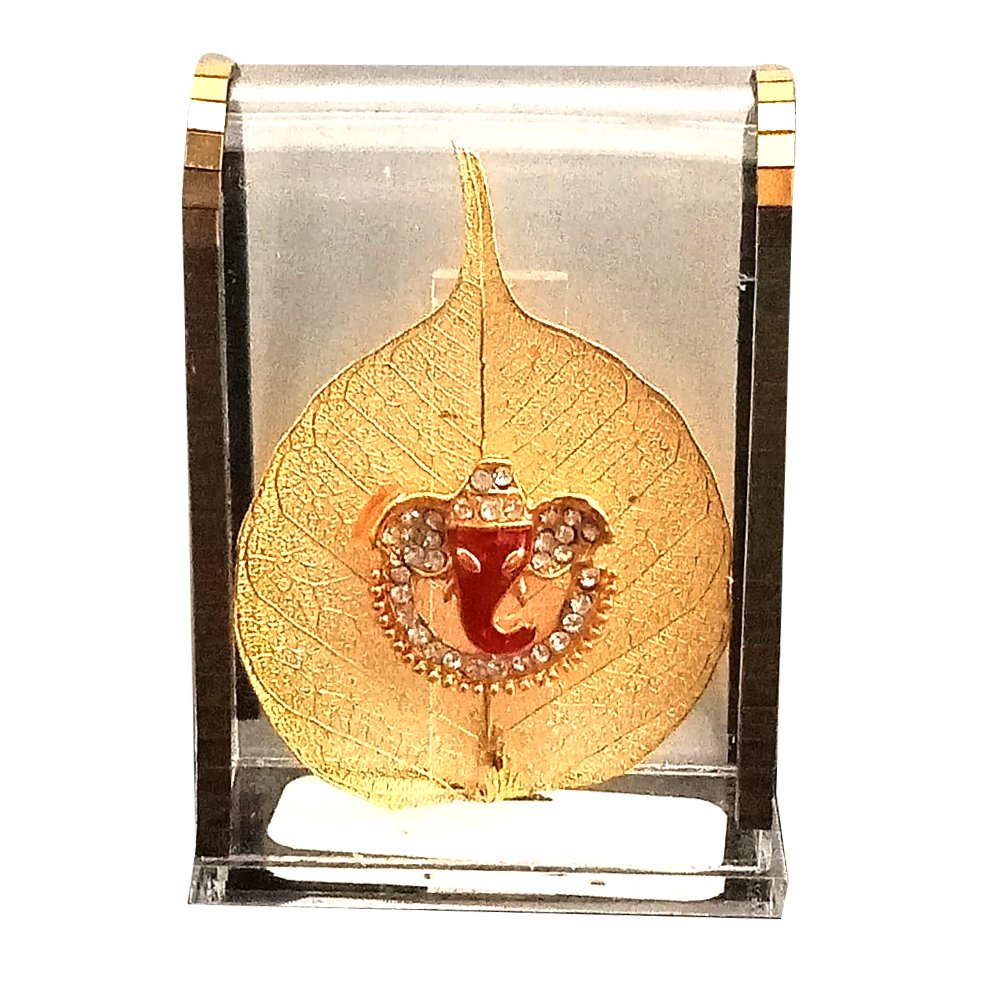Gold Leaf Relief work of Lord Ganesha in Acrylic Box as a Car Dashboard decor or showpiece on desk/tabletop thumbnail 1