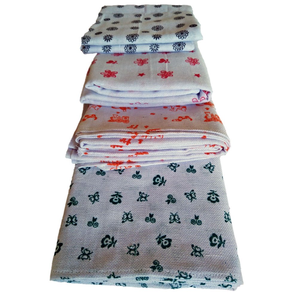 Printed Light Cotton Bath Towel Thorthu For Bathroom & Multipurpose Use (White with Print, Set of 4)