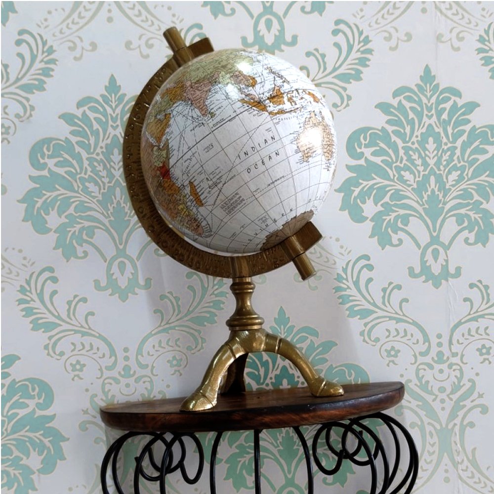 Wood Crafted Decorative Earth Globe 12 inches with Colored Map and Brass Stand for Study, Decor and Gifting