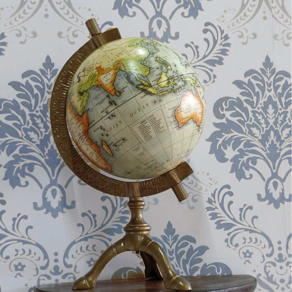 Decorative Wooden Crafted Globe in Brass Stand for Utility and Decor