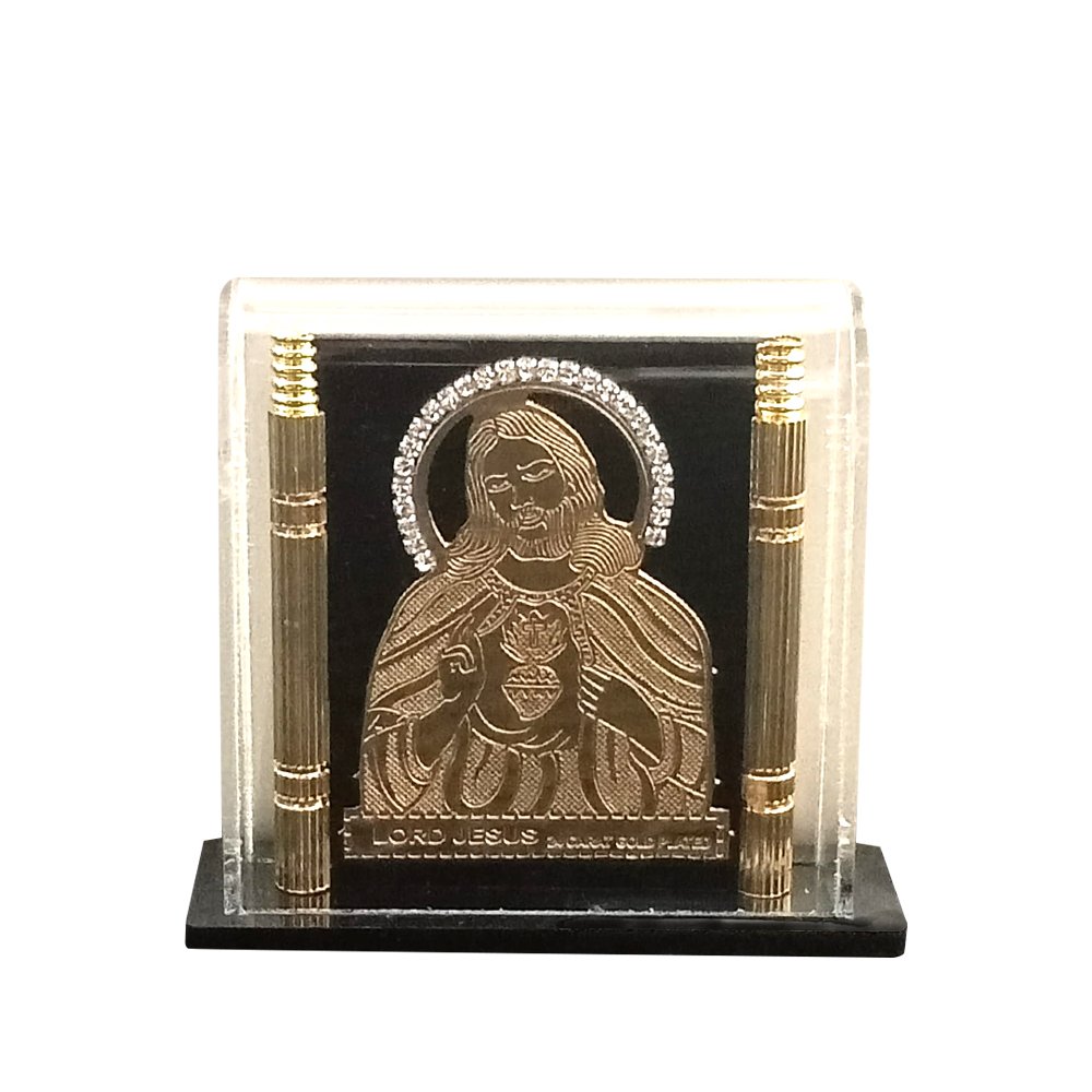 Gold Foiled Relief work of Jesus Christ in Acrylic Box as a Car Dashboard decor or showpiece on desk/tabletop thumbnail 1