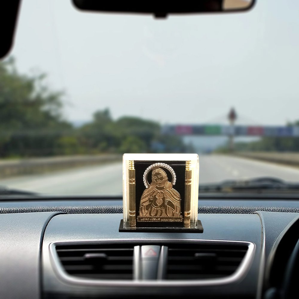 Gold Foiled Relief work of Jesus Christ in Acrylic Box as a Car Dashboard decor or showpiece on desk/tabletop