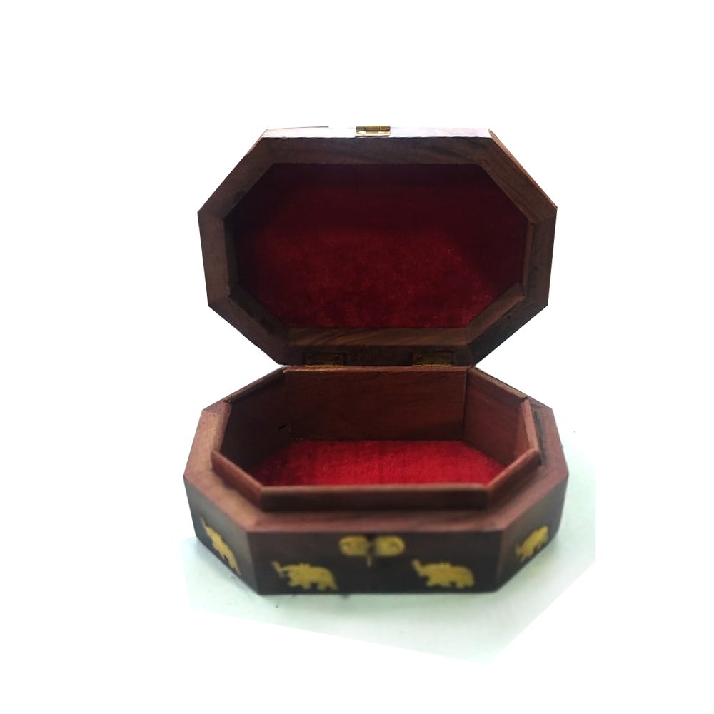 Wooden Floral Design Carved Jewellery Box in Octagonal shape with Elephant Brass inlay design 6 inch for gifting and decor