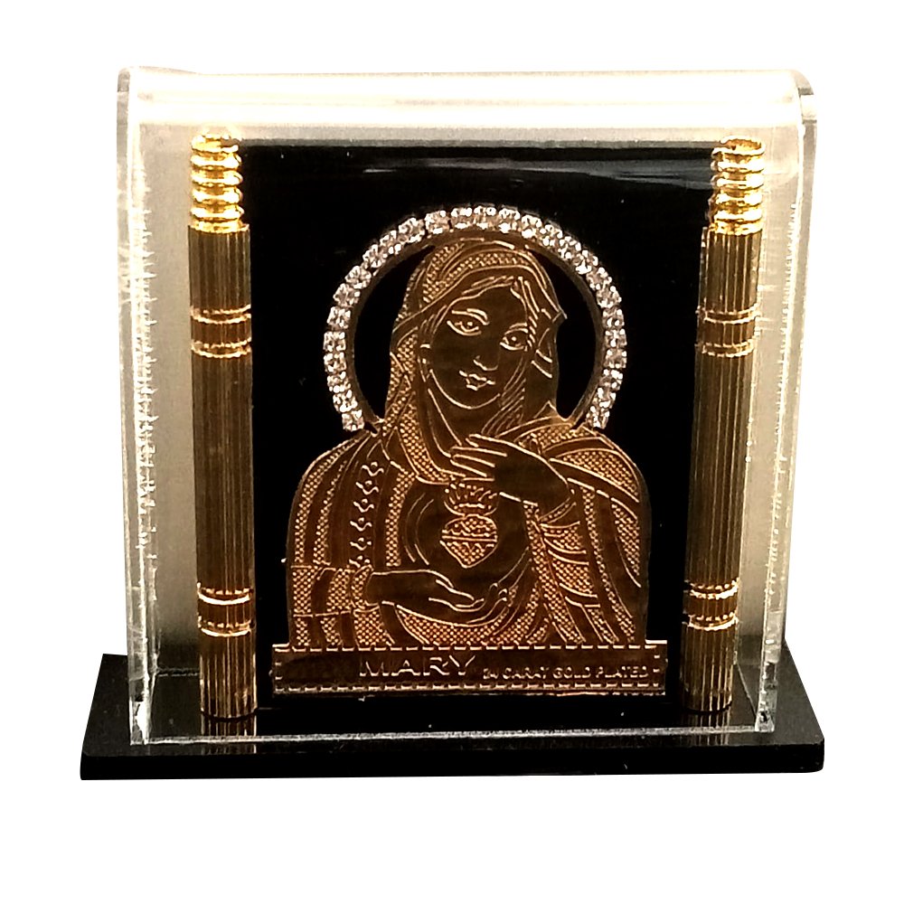 Gold Foiled Relief work of Mary in Acrylic Box as a Car Dashboard decor or showpiece on desk/tabletop thumbnail 1