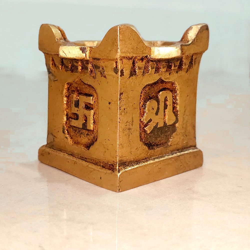 Brass Metal Crafted Square Swastik, Ohm, Shri carved Oil lamp in Box Design for Home Decor thumbnail 1