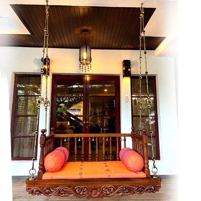 Teak Wood Crafted Swing Seater Traditional Design For Living Area Decor 4feetX2feet thumbnail 1