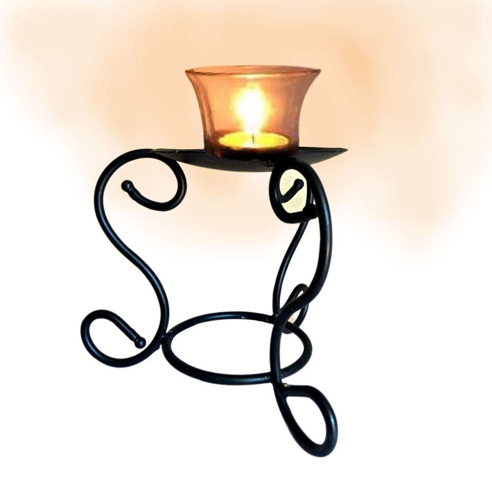 Decorative Wrought Iron Candle Stand with Glass Holder Tabletop for Home Decor (Black)