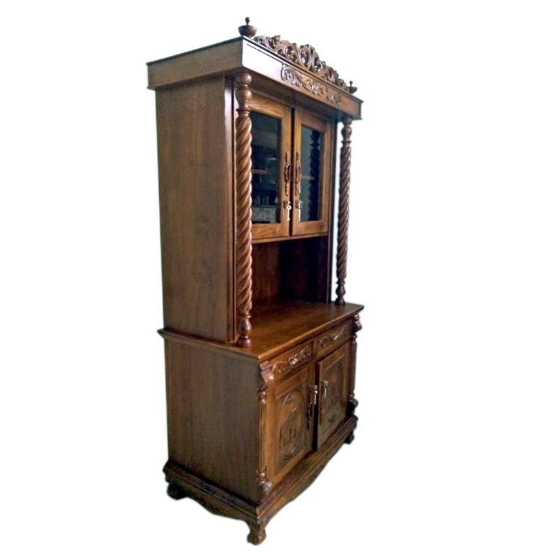 Classical Teak Wood Crafted Crockery Cupboard with Intricate Carving Design