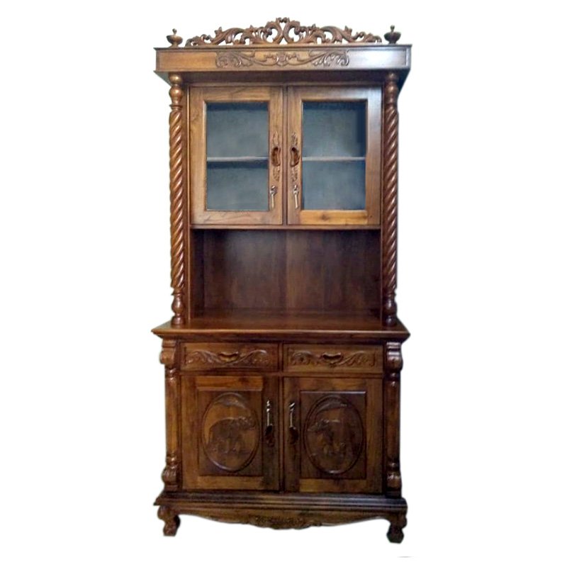 Classical Teak Wood Crafted Crockery Cupboard with Intricate Carving Design thumbnail 1