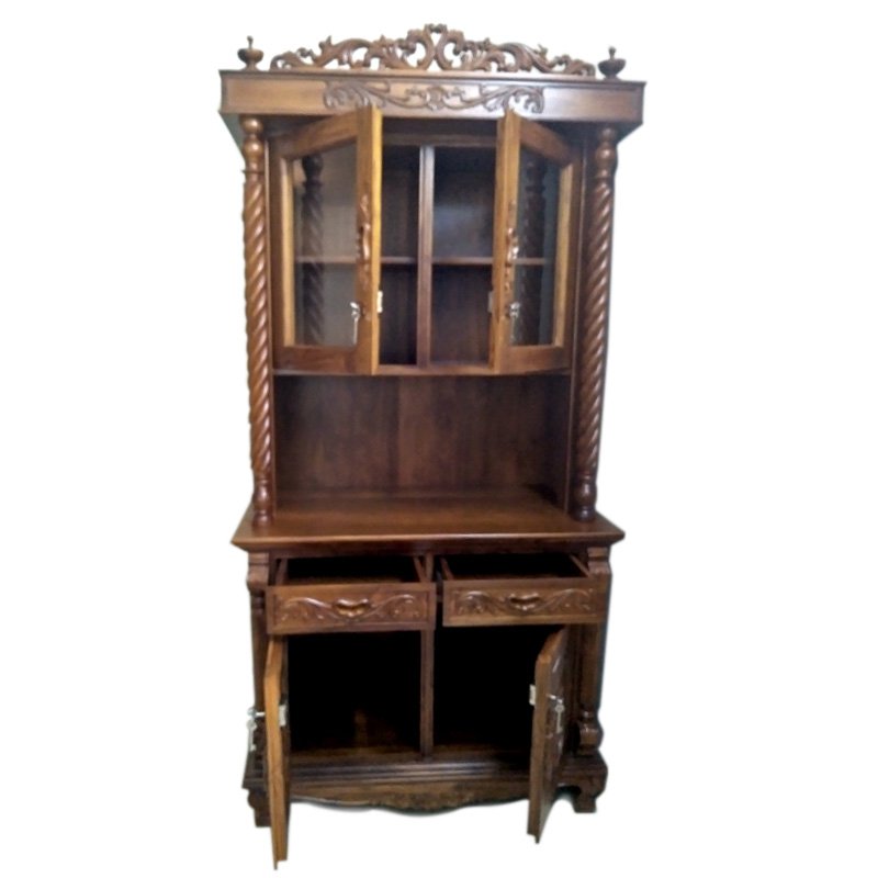 Classical Teak Wood Crafted Crockery Cupboard with Intricate Carving Design thumbnail 3