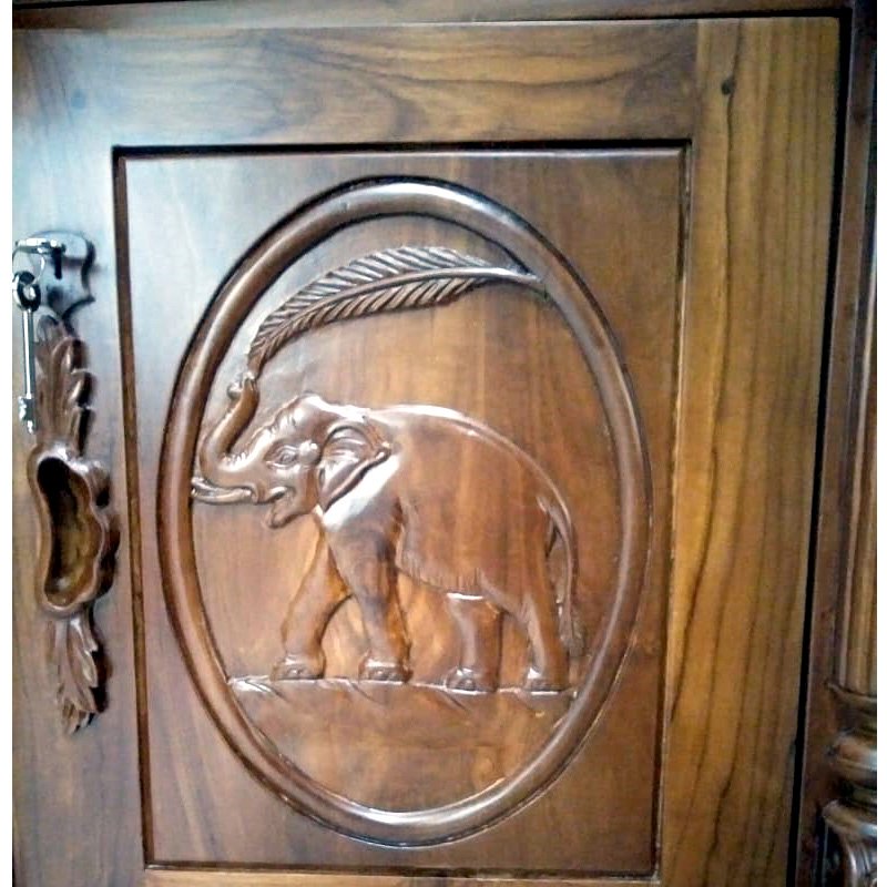 Classical Teak Wood Crafted Crockery Cupboard with Intricate Carving Design thumbnail 4