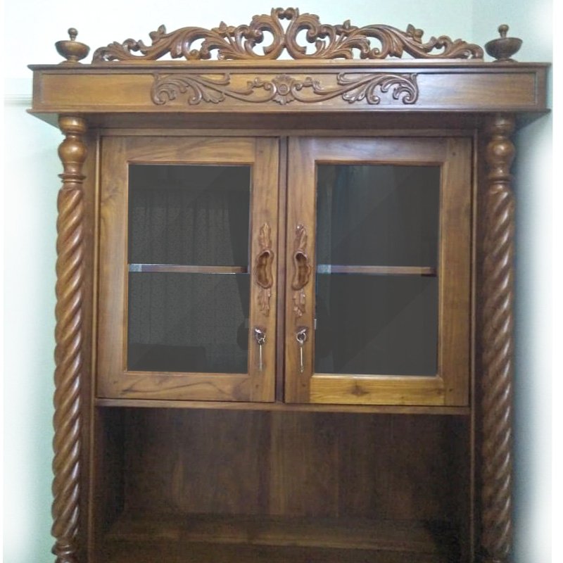 Classical Teak Wood Crafted Crockery Cupboard with Intricate Carving Design thumbnail 5