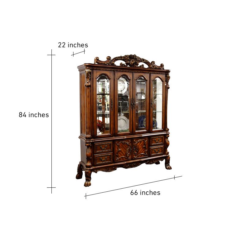 Vintage Style Mahagony Wood Crafted Crockery Cupboard with Intricate Carving Design