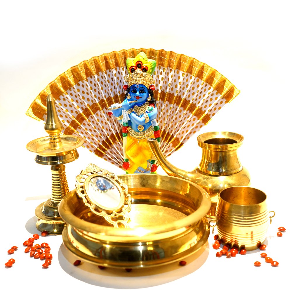 Vishu Kani Set with of Paper Mache Krishna Idol(30cm), Thiru Udayada, Uruli, Val Kannadi, Nilavilaku-8 inches, Nirapara, Kindi and Manjadi kuru