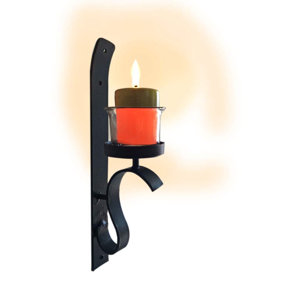 Kauthuk Decorative Slim Wall Mount Wrought Iron Candle Stand with Glass Holder for Home Decor (Black)